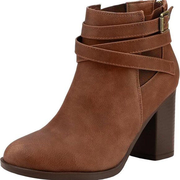 Women's Chunky High Heel Ankle Boots Brown-pu Size 5 - Picture 1 of 8
